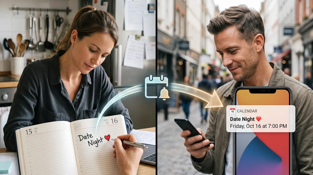 A woman writes Date Night in her diary, and the date appears on her husband’s phone.
