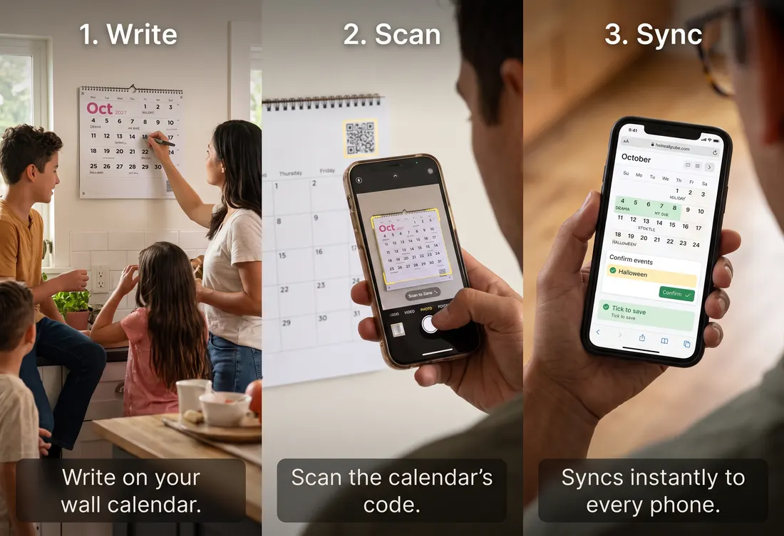 Write on your wall calendar, scan the calendar’s code, and the dates sync to every phone.
